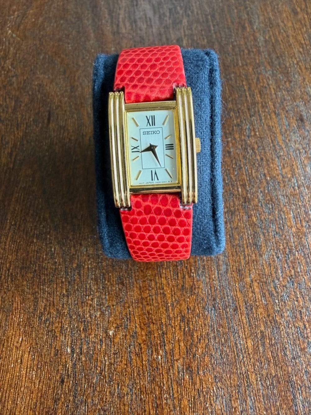 Seiko Women’s V400-6490 Gold-Tone Rectangular Watch with Red Strap